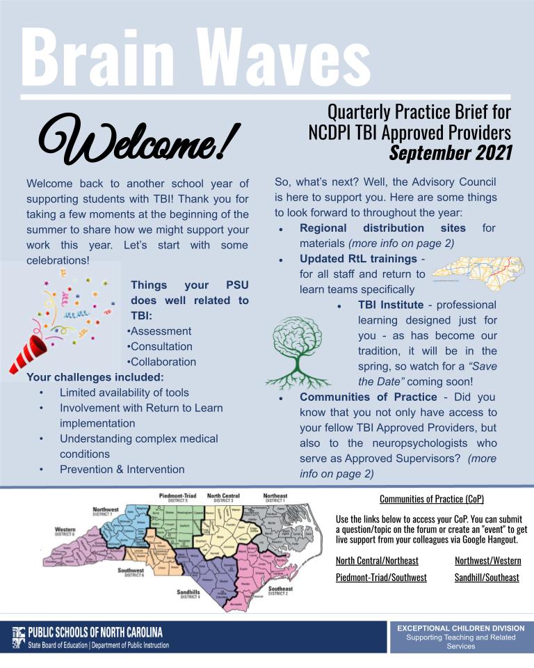 Brain Waves Quarterly Practice Brief for NCDPI TBI Approved Providers. September 2021